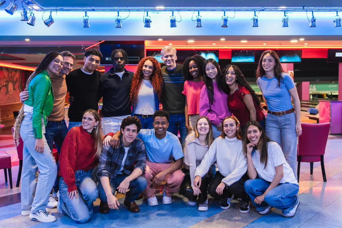 A group of diverse friends on college campus