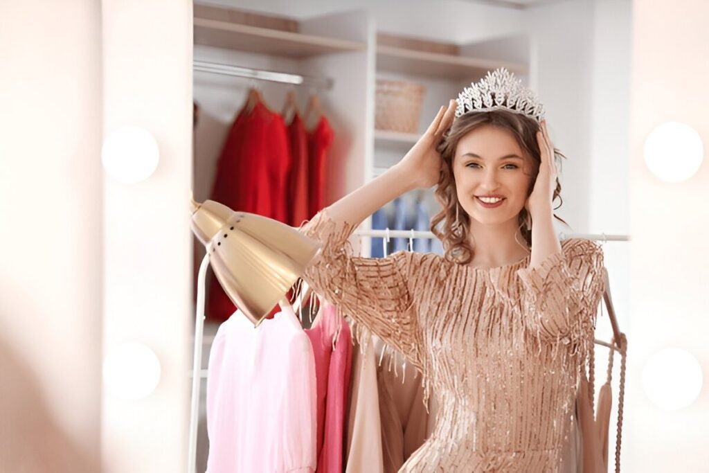 Smiling young woman trying on a sparkling dress and crown in front of a mirror, exploring outfits to choose prom look with confidence