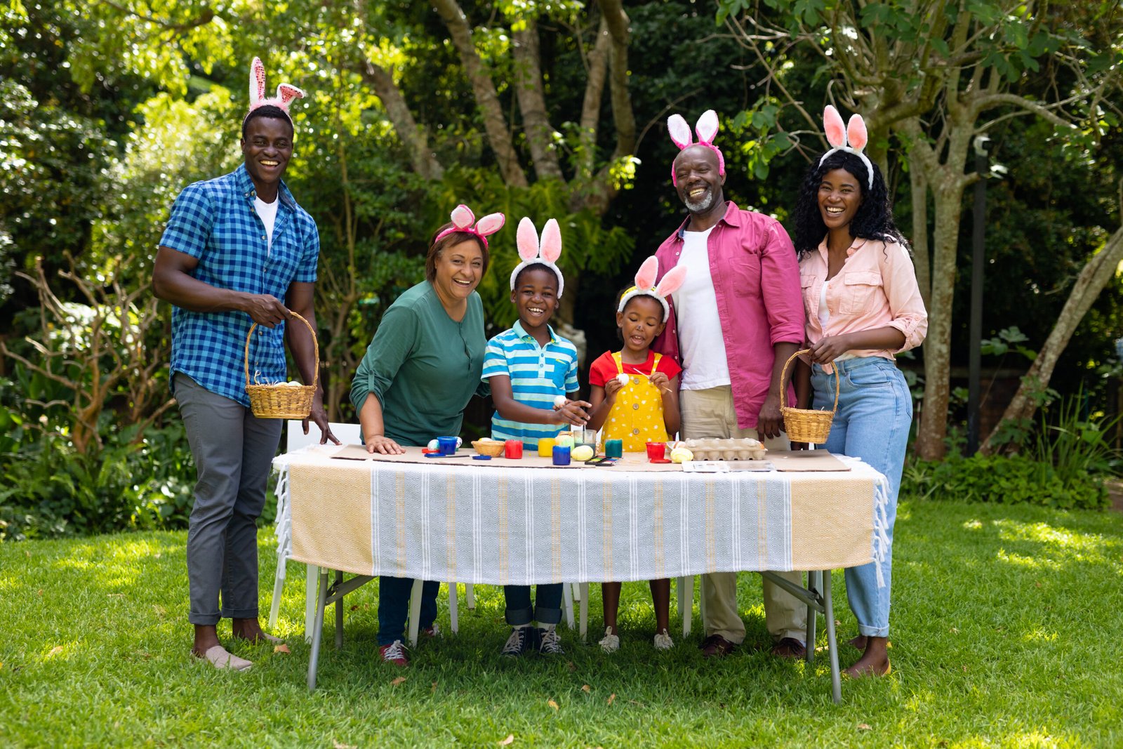 family celebrating easter in the lawn