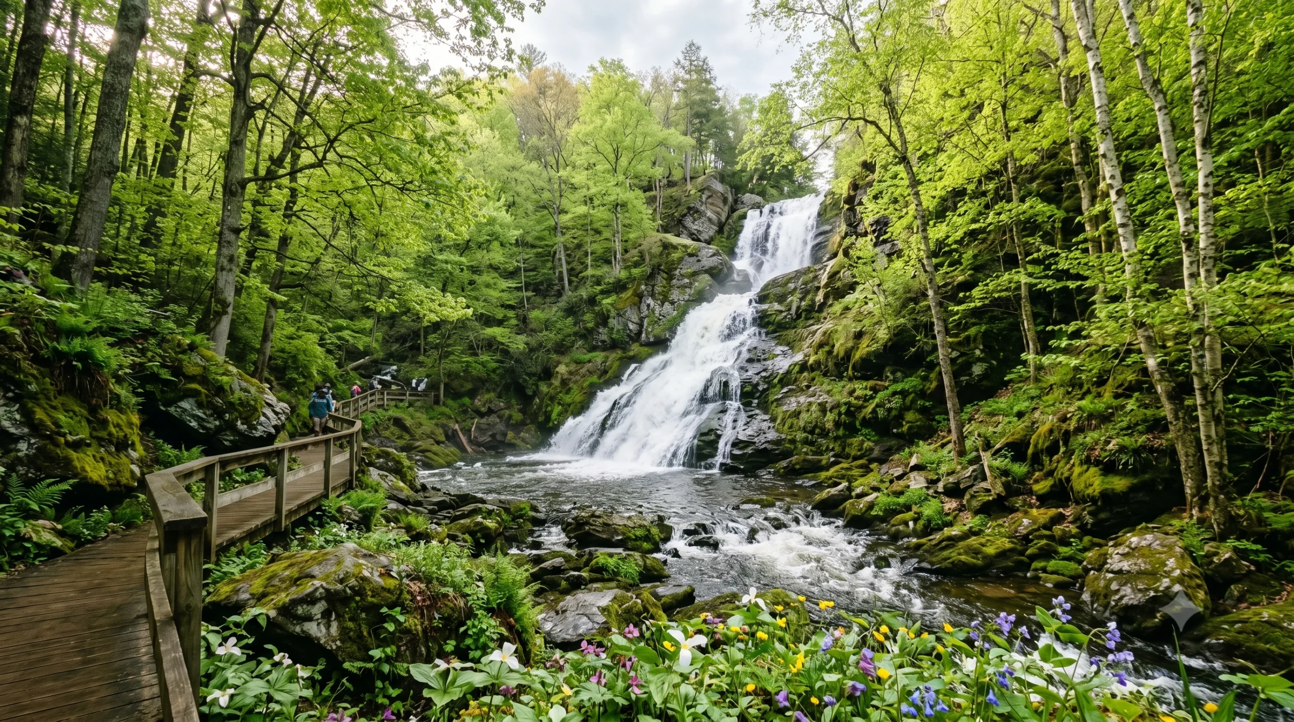Spring waterfall surrounded by lush forest in the Poconos Mountains