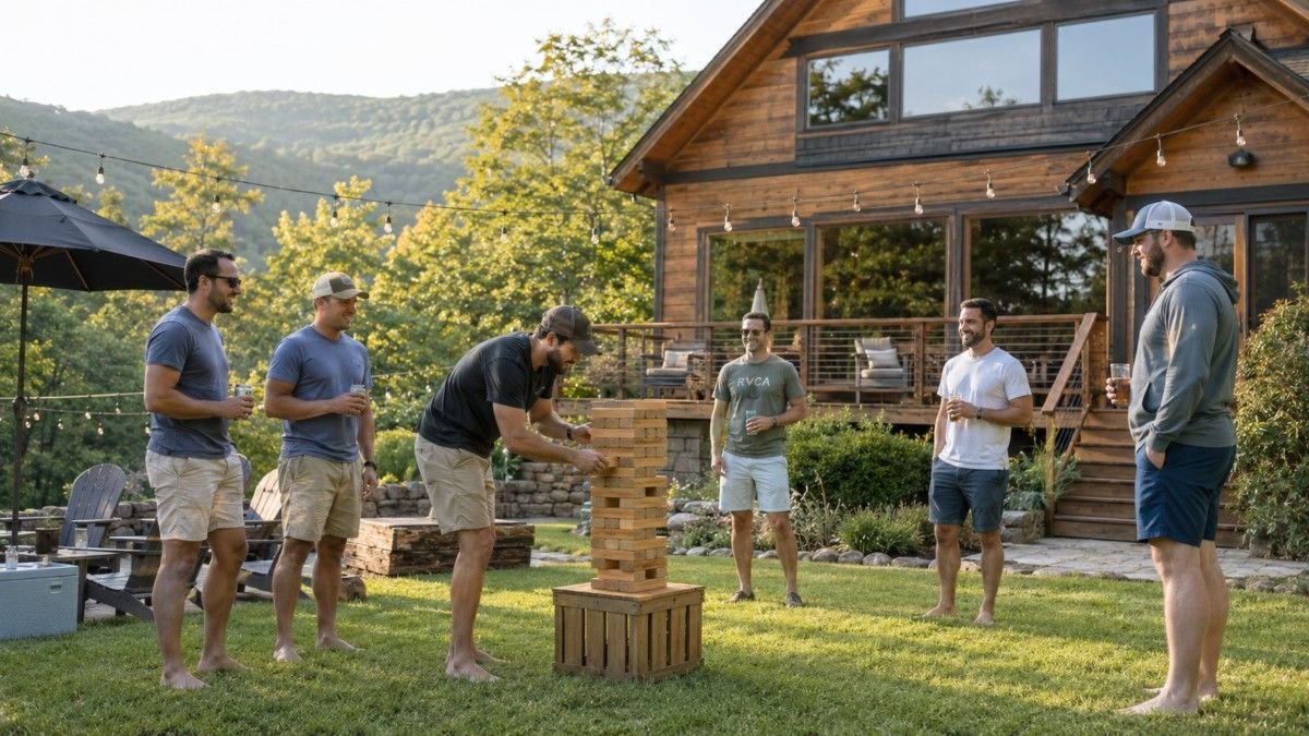 people playing giant jenga and enjoying in poconos