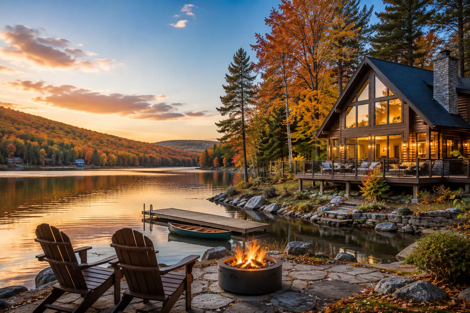 Luxury lakeside cabin in the Pocono Mountains with a private dock, fire pit, and scenic lake views at sunset.