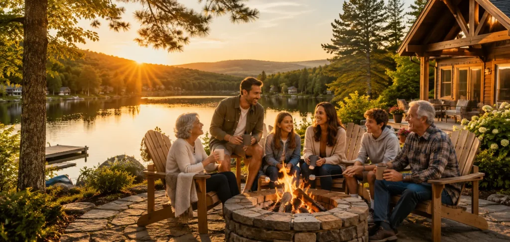 Multi-generational family enjoying a summer evening around a fire pit at a lakeside cabin in the Pocono Mountains, showcasing one of the best towns in the Poconos for group stays and family vacations.