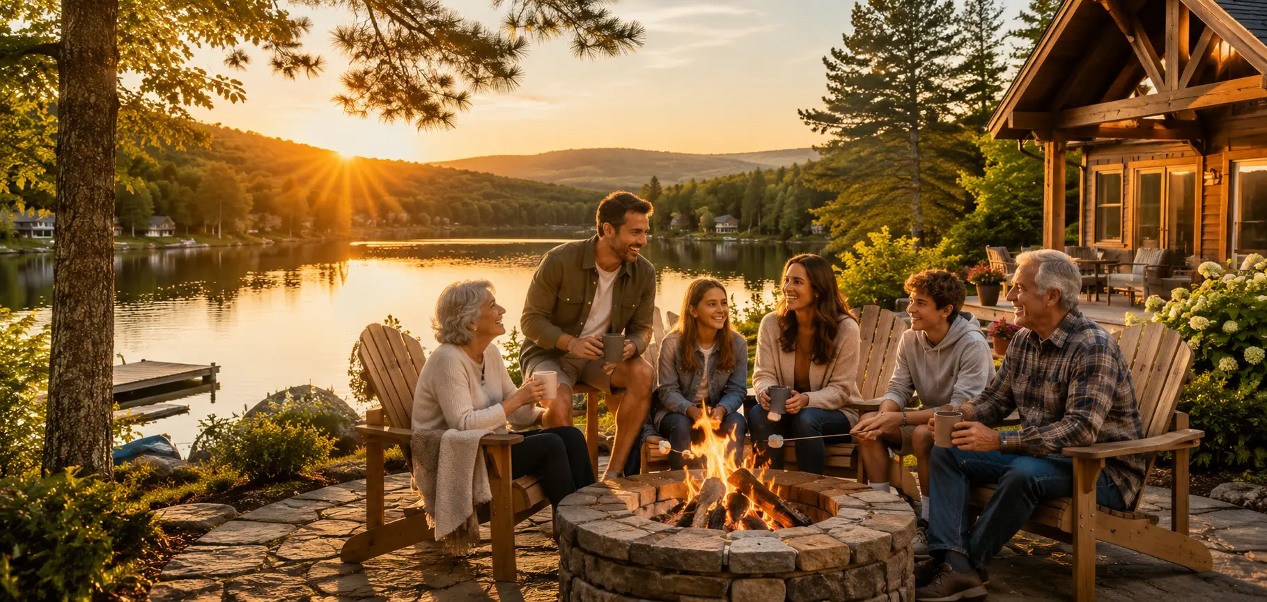 Multi-generational family enjoying a summer evening around a fire pit at a lakeside cabin in the Pocono Mountains, showcasing one of the best towns in the Poconos for group stays and family vacations.