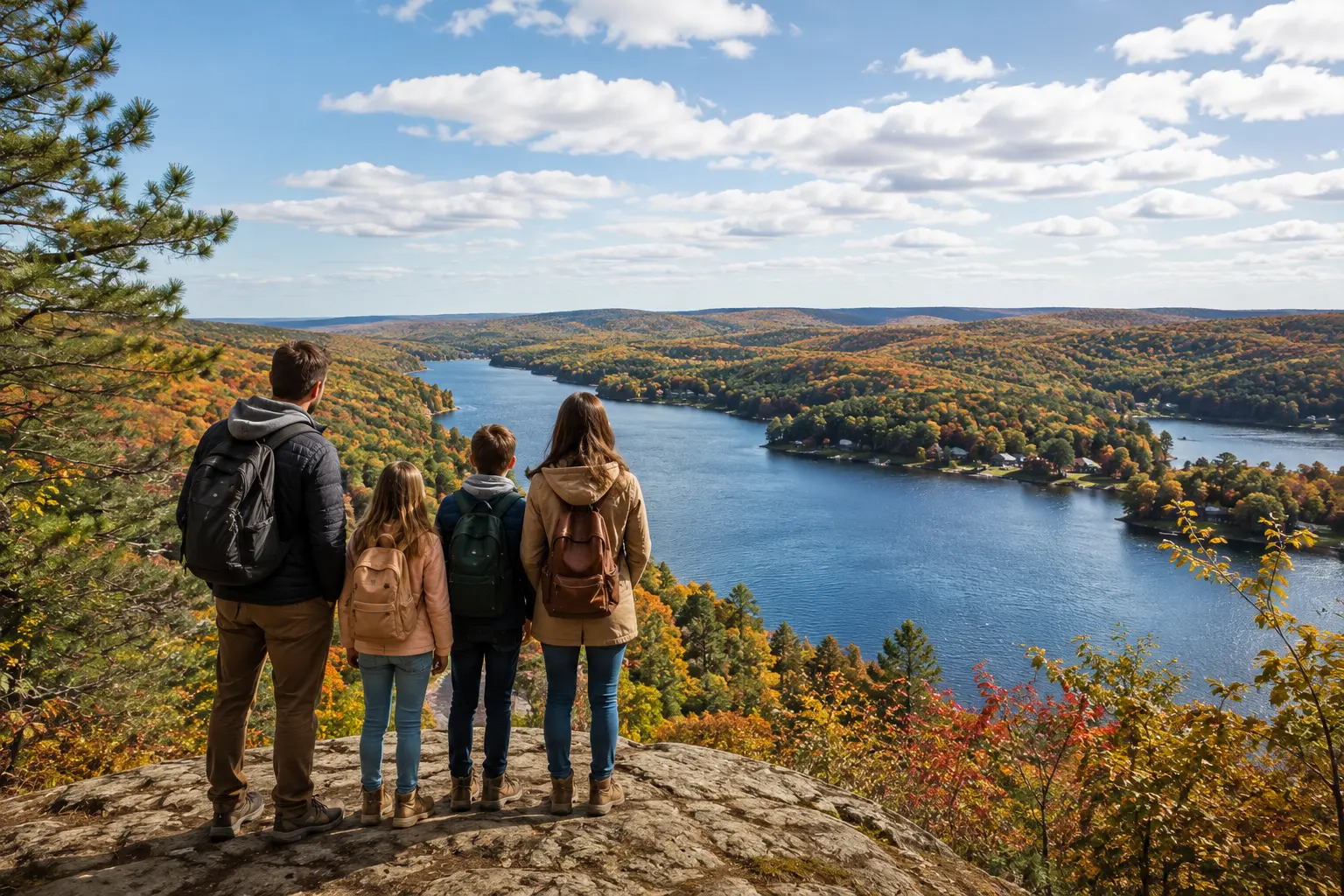 Family enjoying a scenic lake view on a first trip to the Poconos