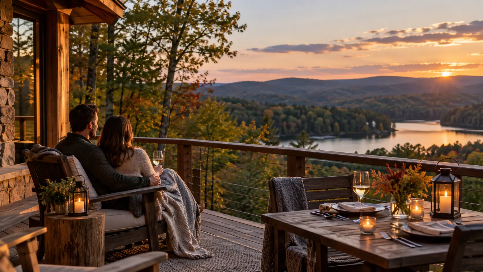 Couple enjoying a romantic anniversary weekend at a mountain cabin overlooking the Pocono Mountains