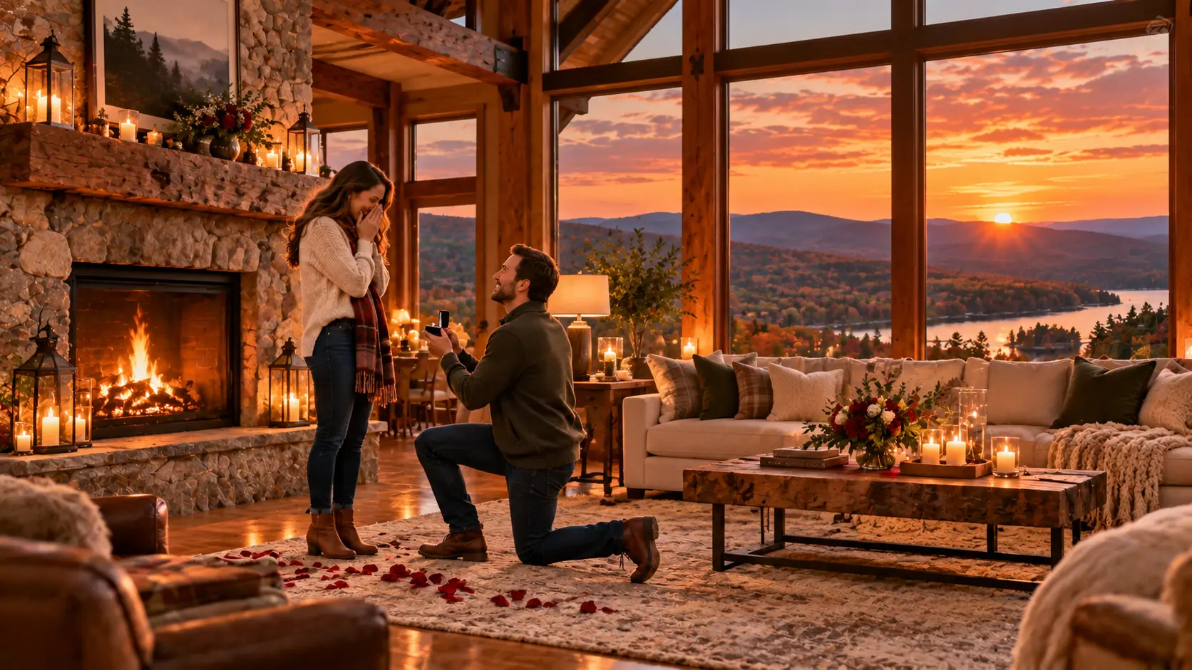 Couple getting engaged inside a luxury Poconos vacation home overlooking the mountains at sunset.